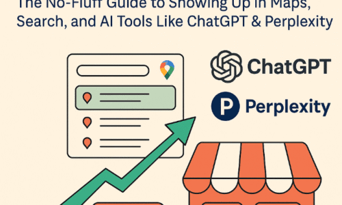 Illustration of a local business climbing search results on Google Maps and AI tools like ChatGPT and Perplexity